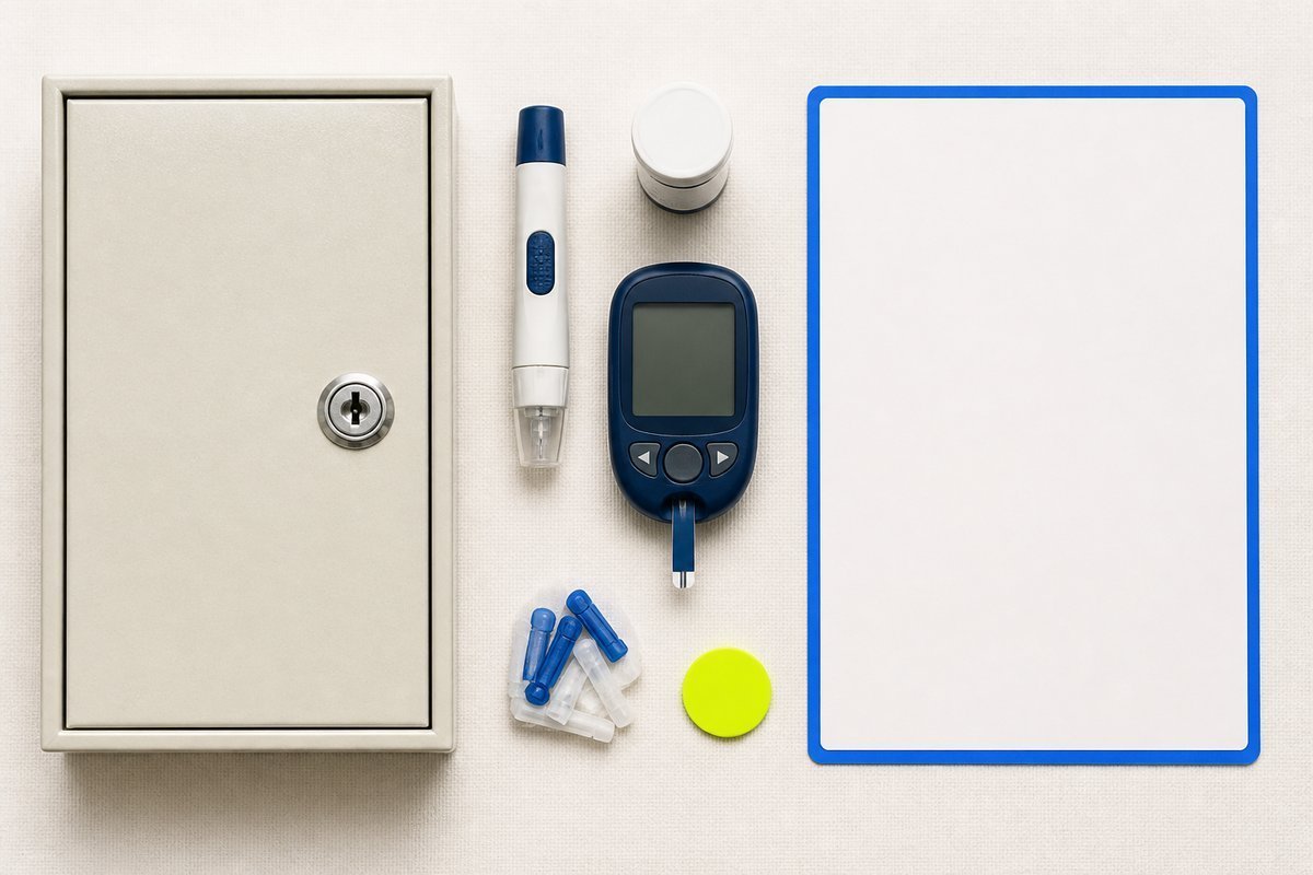 Bone review card, cobalt edge, lime chip: locked diabetes drawer