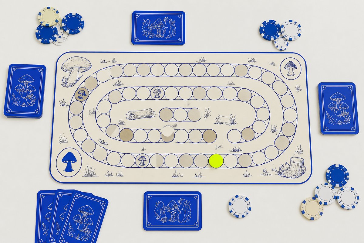 Bone review card, cobalt edge, lime chip: stairs up from 850