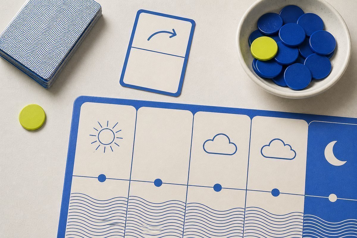 Bone review card, cobalt edge, lime chip: one empty morning slot, next-day mark