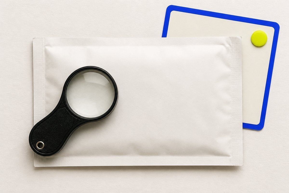 Bone review card, cobalt edge, lime chip: loupe on a methocarbamol mailer