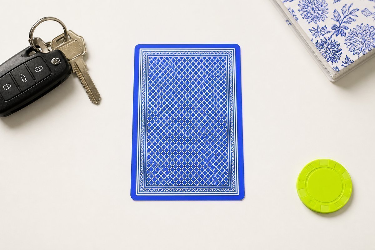 Bone review card, cobalt edge, lime chip: car keys down