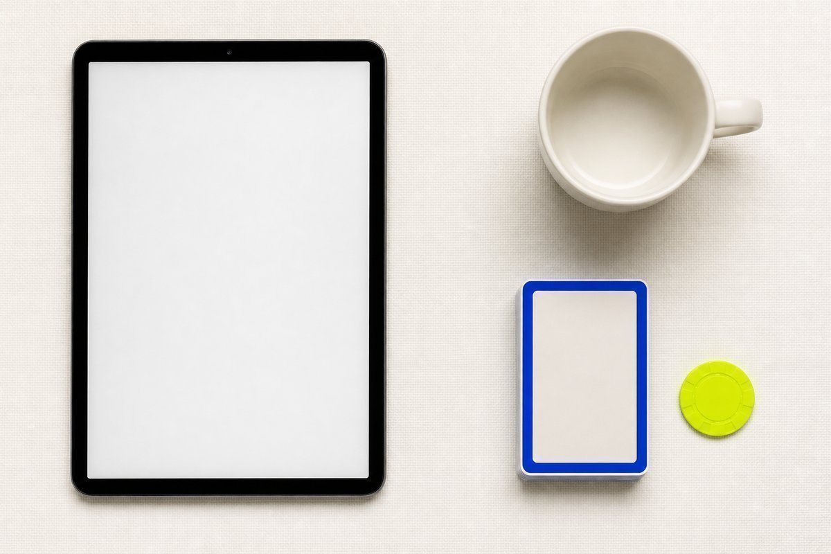 Bone review card, cobalt edge, lime chip: tablet with a plain cup
