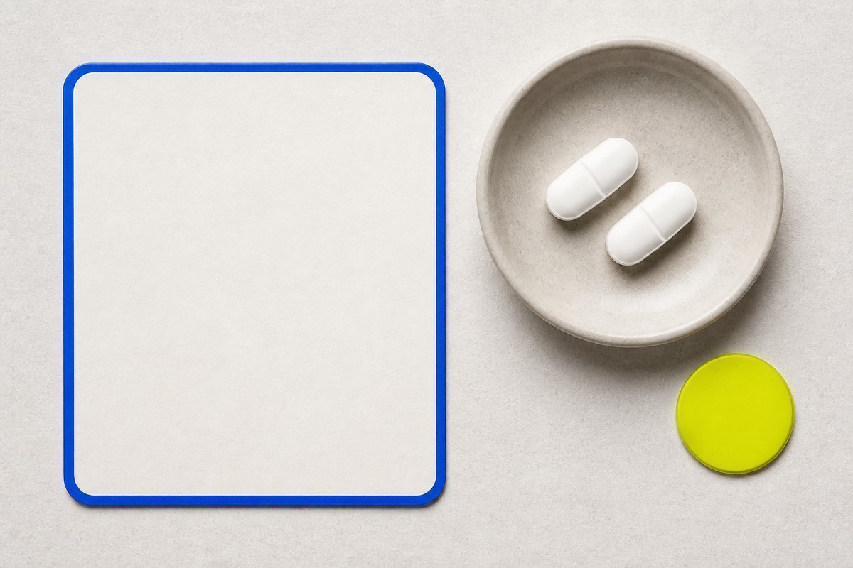 Bone review card, cobalt edge, lime chip: two names, 500 mg tablets
