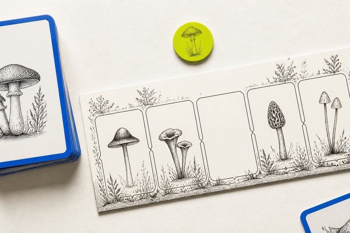 Bone review card, cobalt edge, lime chip: empty slot in a short course