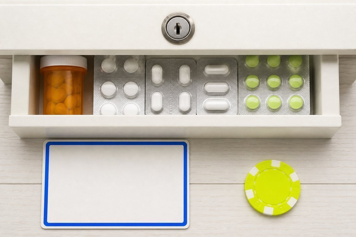 Bone review card, cobalt edge, lime chip: locked muscle-relaxant drawer