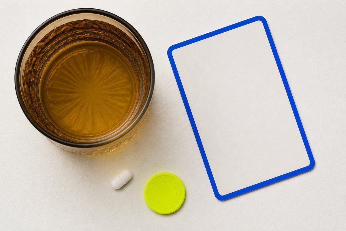 Bone review card, cobalt edge, lime chip: tea-colored glass, 500 mg tablet