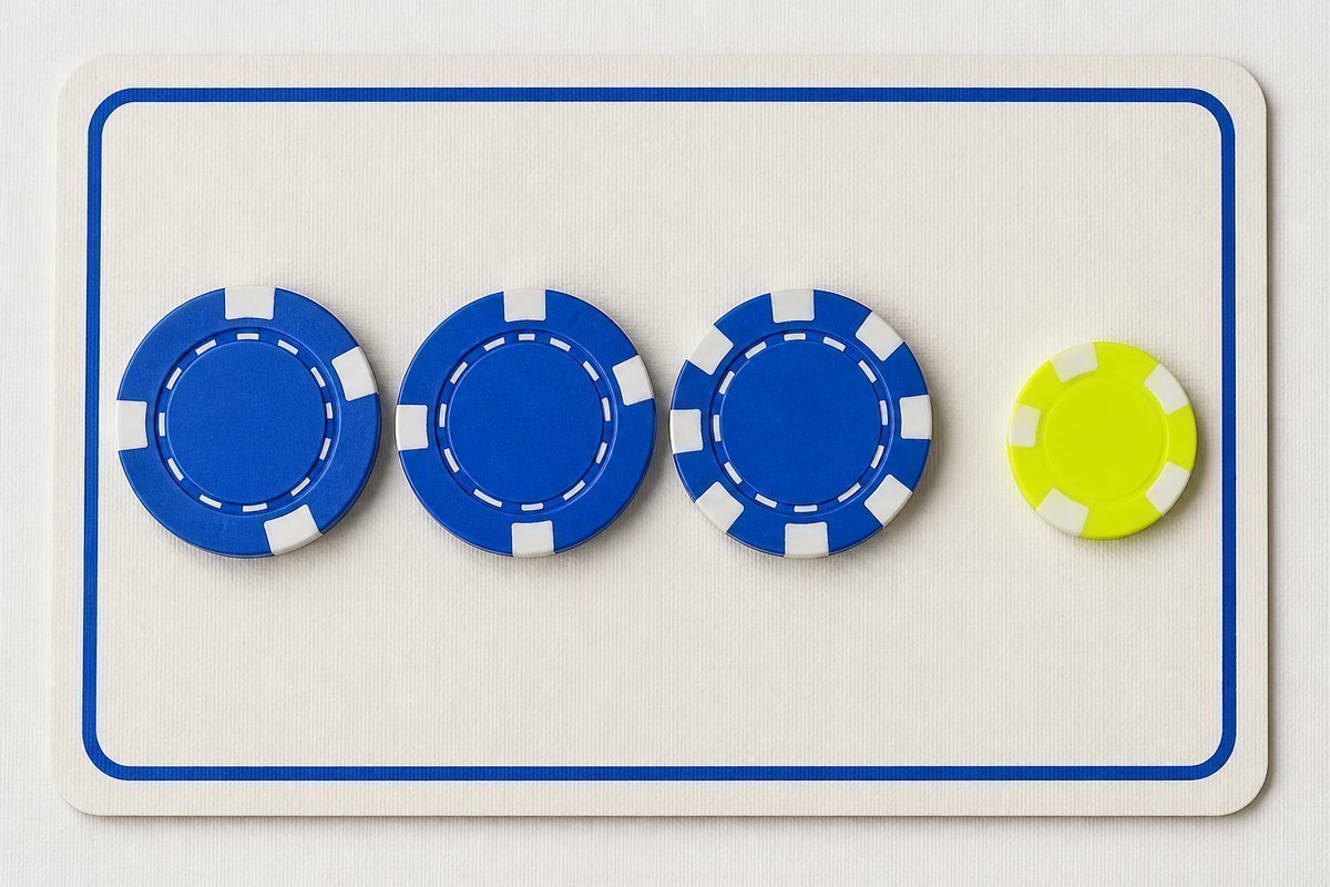 Bone review card, cobalt edge, lime chip: blue ladder 25-50-100 on a bone card
