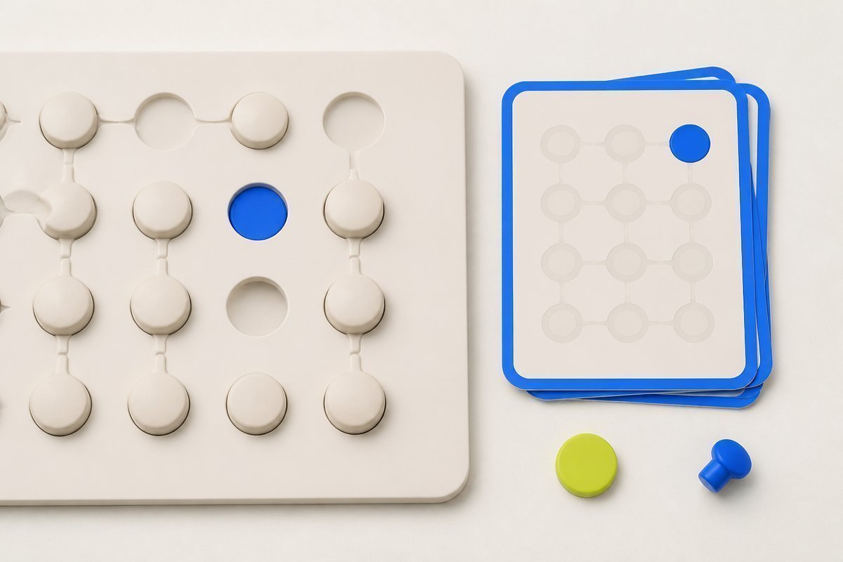 Bone review card, cobalt edge, lime chip: smallest blue tablet on a cut card