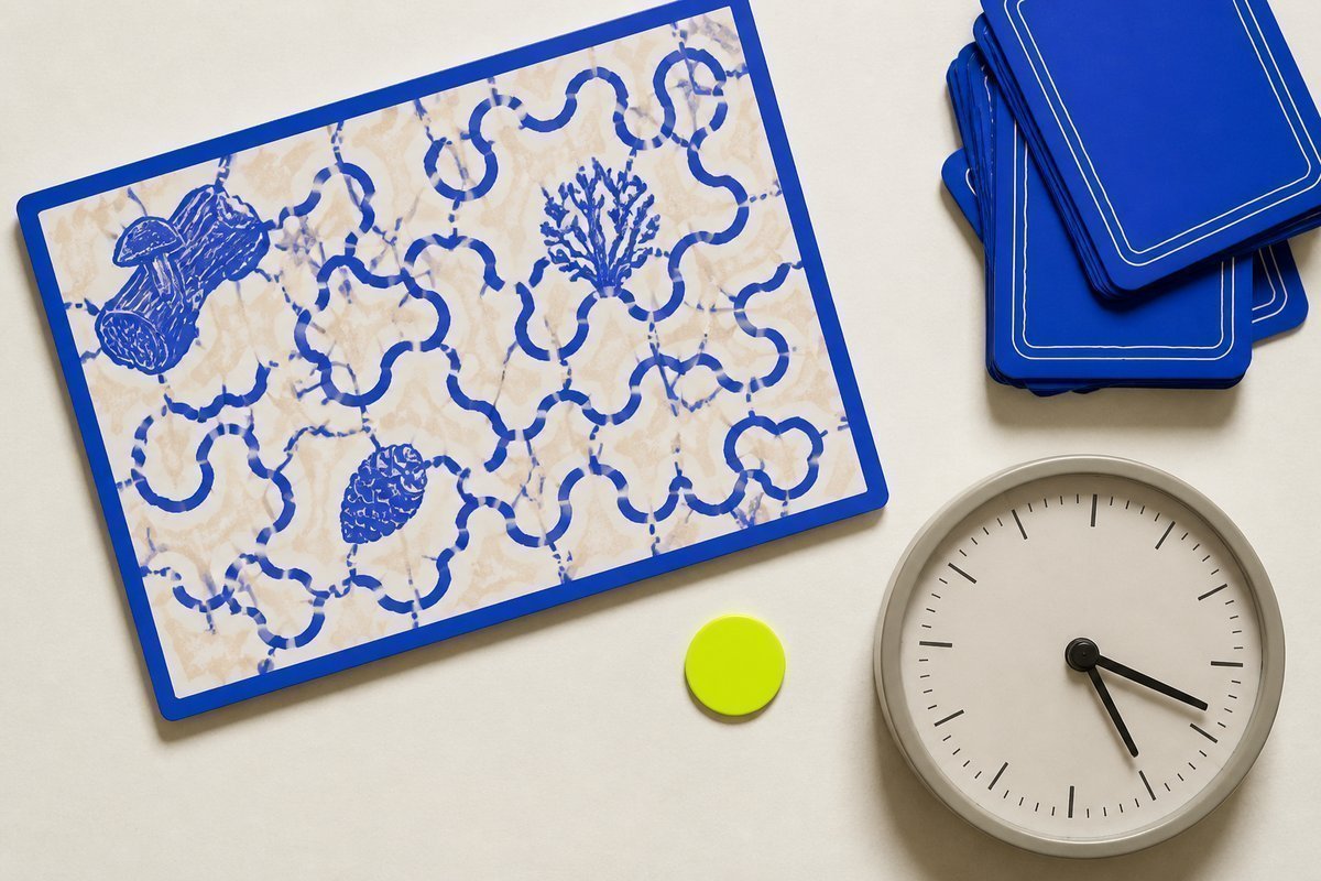 Bone review card, cobalt edge, lime chip: clock at four, blue tablet