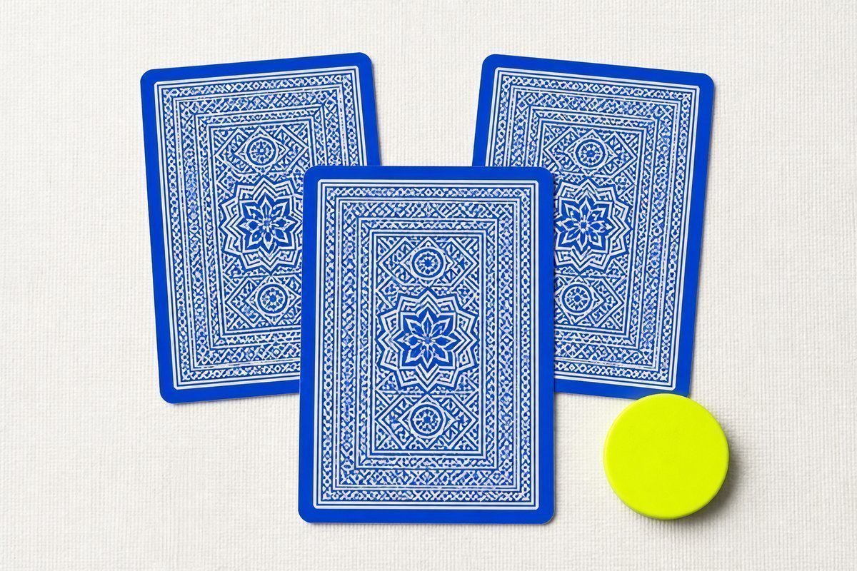 Bone review card, cobalt edge, lime chip: 50 in front, 25 and 100 behind