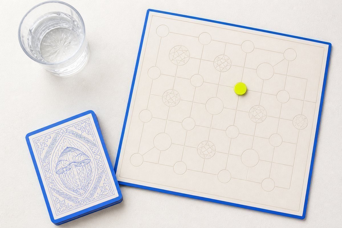 Bone review card, cobalt edge, lime chip: standing water glass, no wine