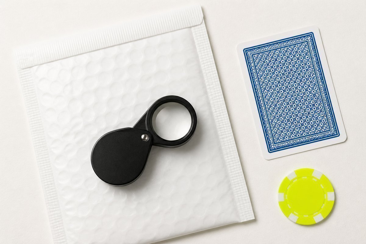 Bone review card, cobalt edge, lime chip: loupe on an unmarked mailer