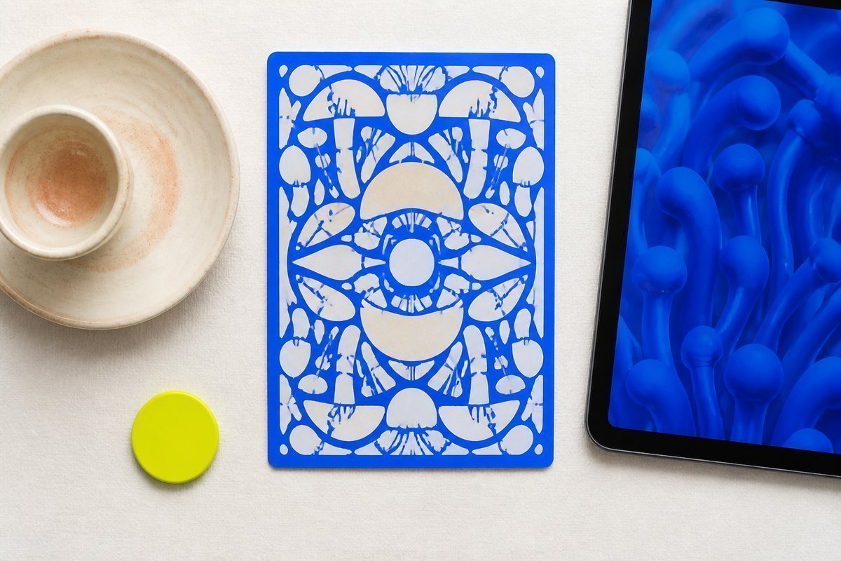Bone review card, cobalt edge, lime chip: warm flush on ceramic, blue tablet