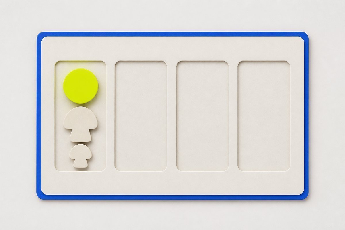 Bone review card, cobalt edge, lime chip: one slot filled, not a daily course tray