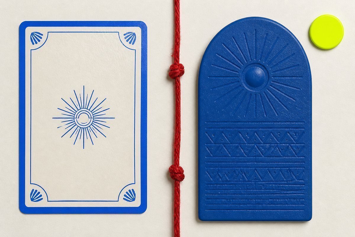 Bone review card, cobalt edge, lime chip: red four-hour thread, blue tablet