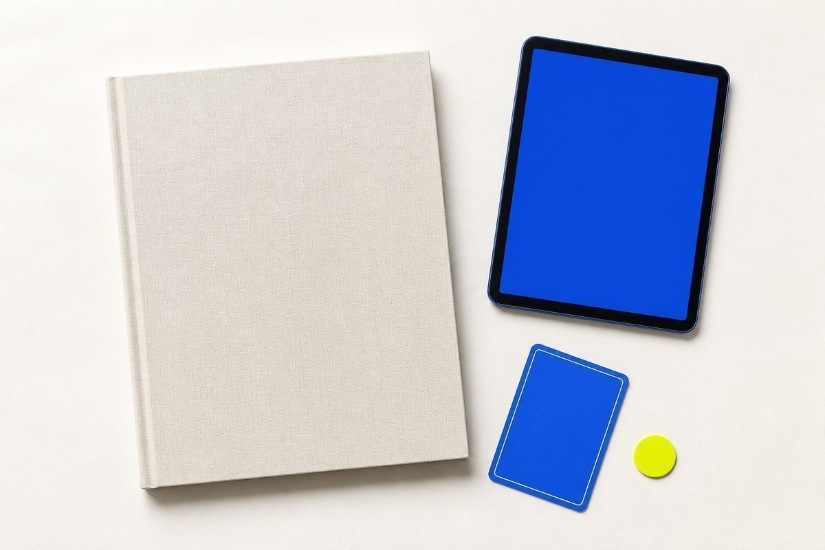 Bone review card, cobalt edge, lime chip: closed book, blue tablet