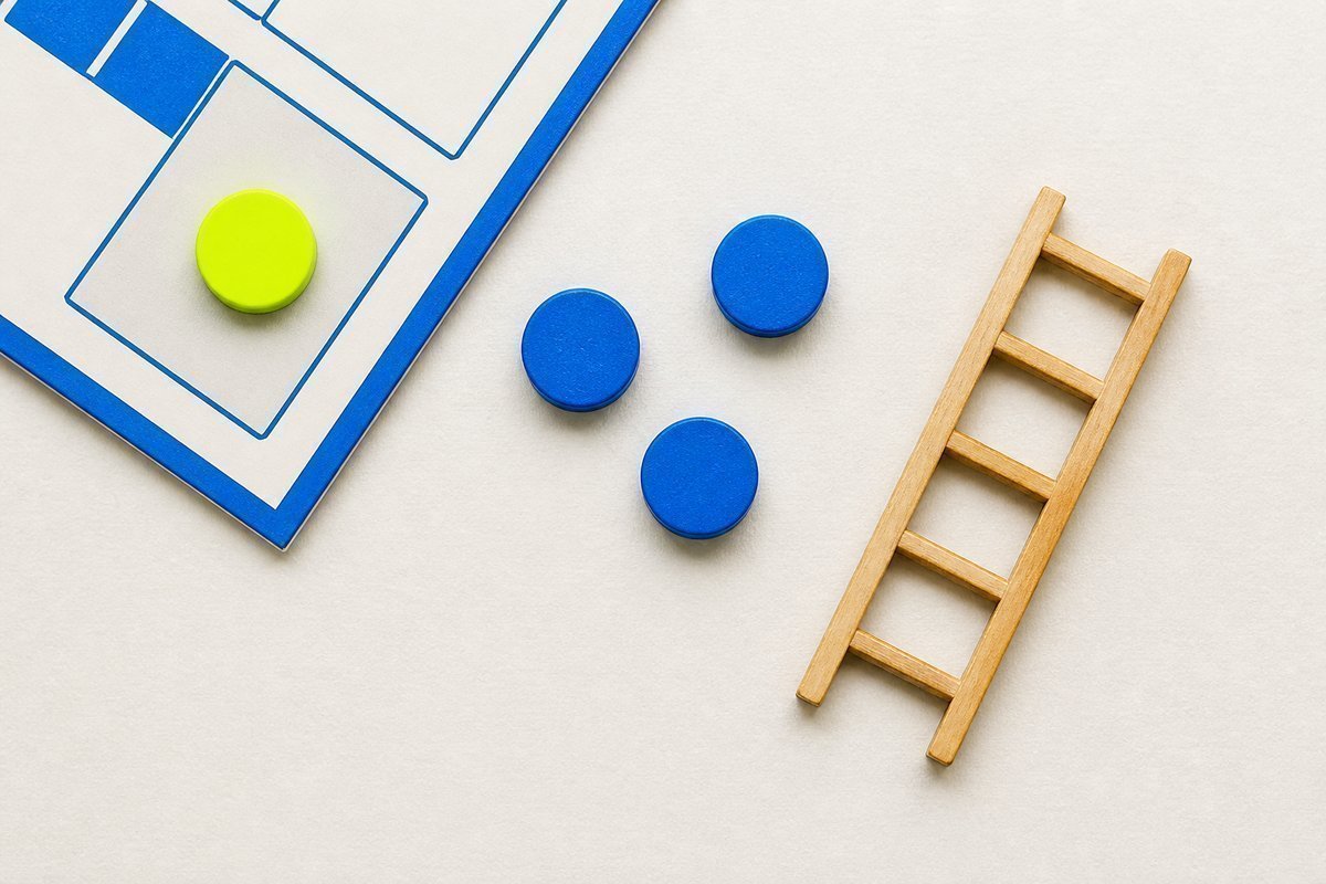 Bone review card, cobalt edge, lime chip: three blue tablets, short ladder