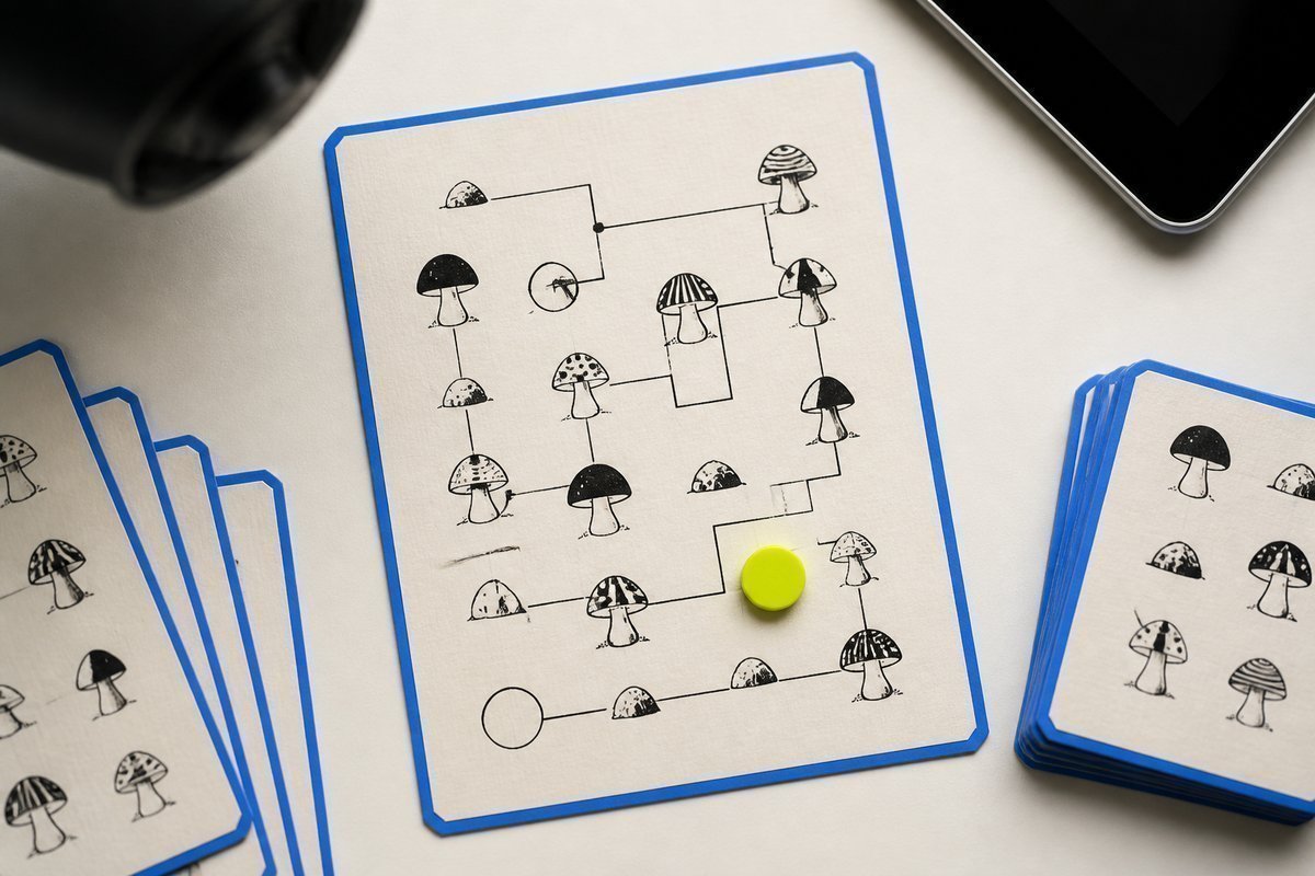 Bone review card, cobalt edge, lime chip: blurred lens, tablet pushed away