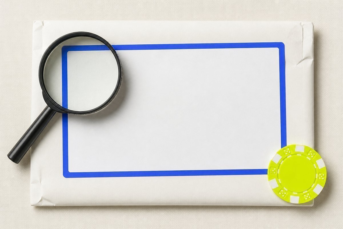 Bone review card, cobalt edge, lime chip: loupe on an ivermectin mailer