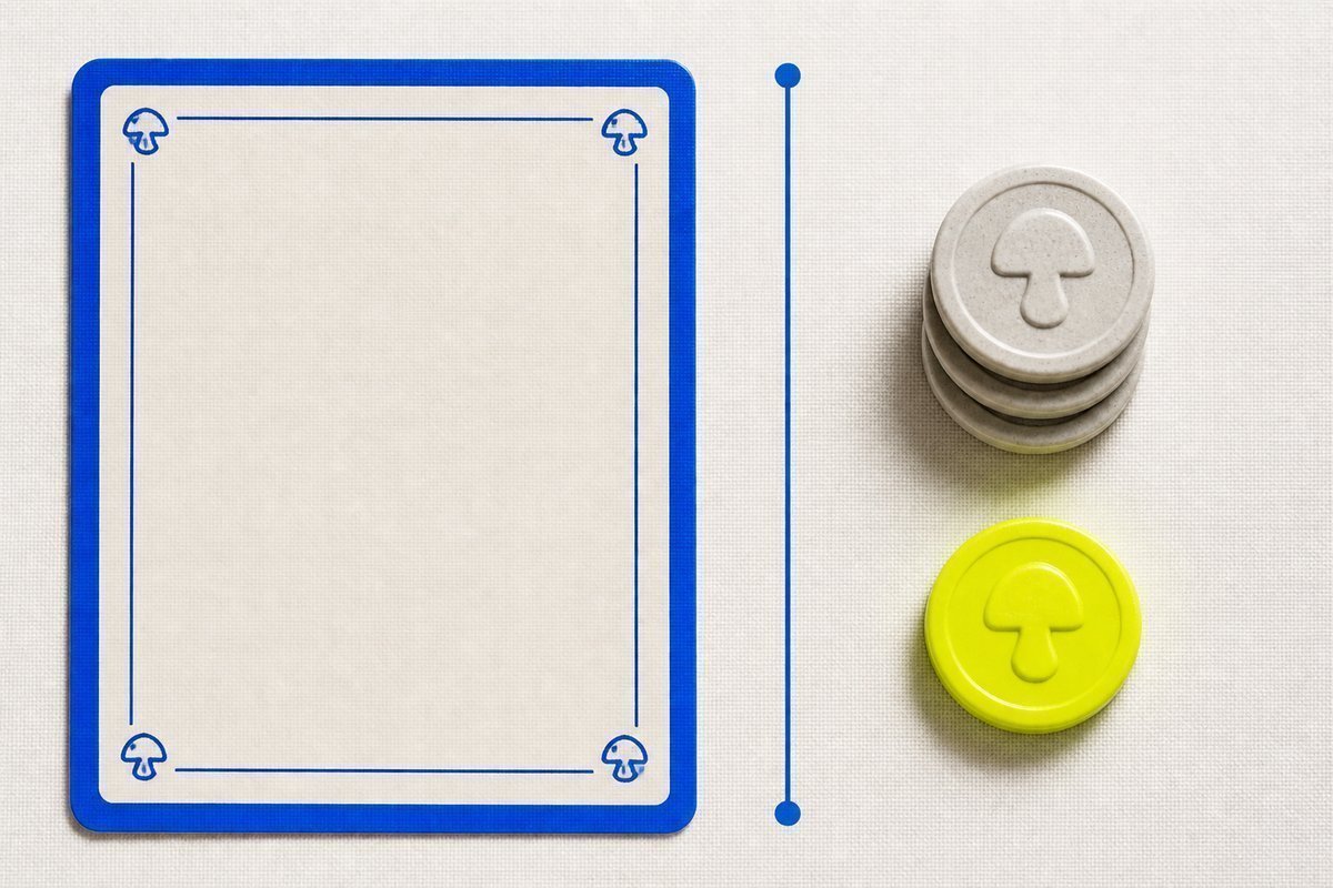 Bone review card, cobalt edge, lime chip: counted 3 mg stack to a weight line