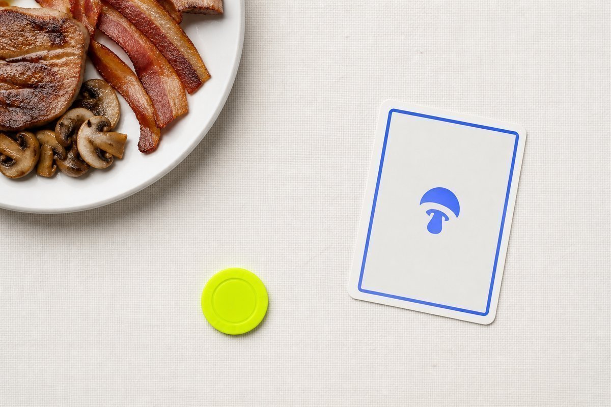 Bone review card, cobalt edge, lime chip: fatty plate, tablets waiting