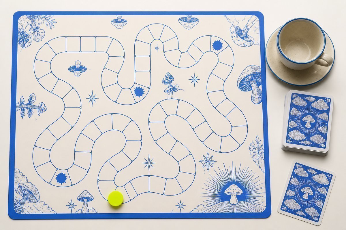 Bone review card, cobalt edge, lime chip: after-dose quiet, empty cup