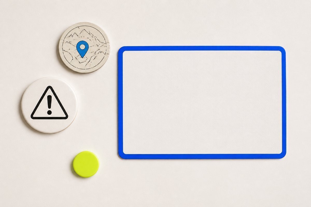 Bone review card, cobalt edge, lime chip: travel map chip, Loa caution