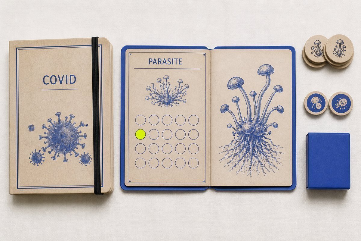 Bone review card, cobalt edge, lime chip: COVID file closed, parasite card open