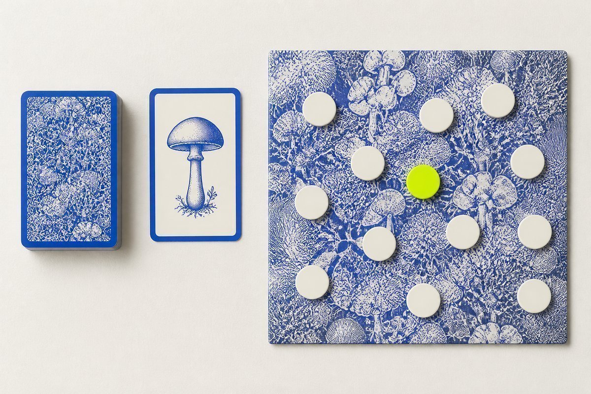 Bone review card, cobalt edge, lime chip: one indication card chosen, second table closed