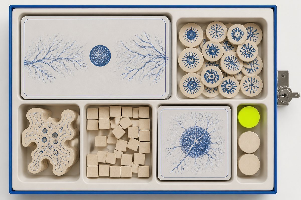 Bone review card, cobalt edge, lime chip: locked antiparasitic drawer