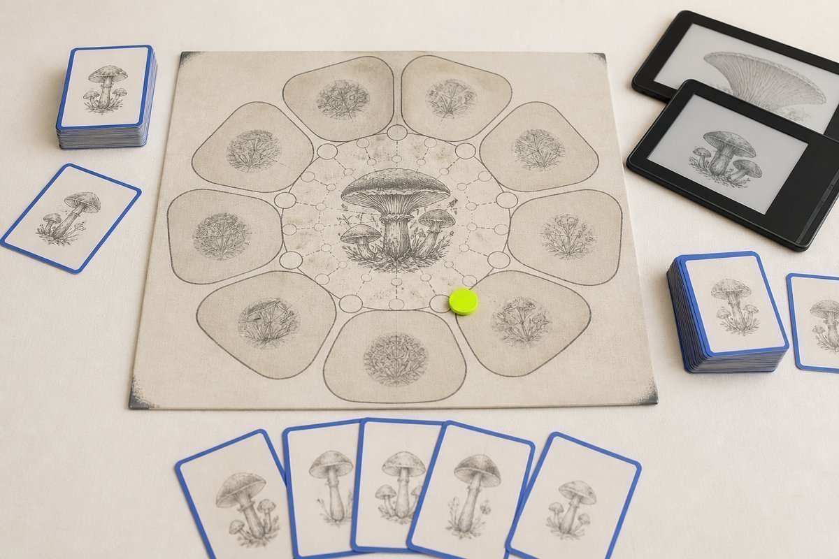 Bone review card, cobalt edge, lime chip: shaded months, tablets set back