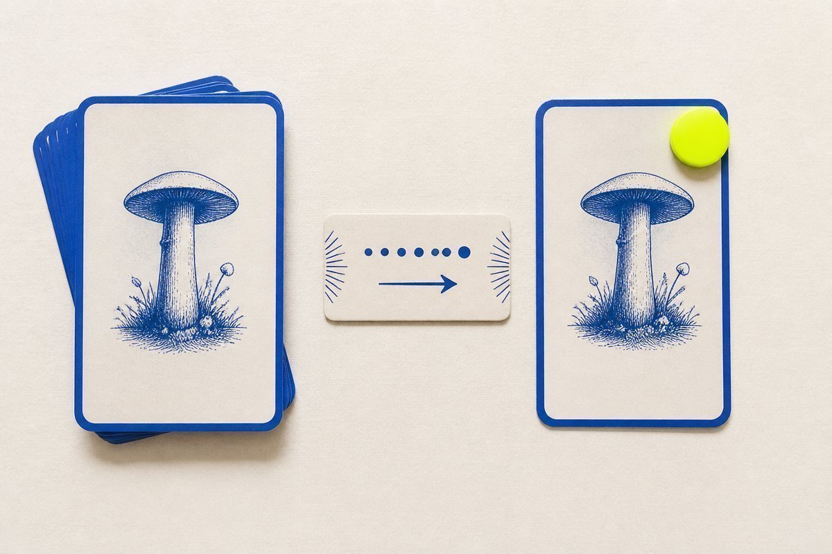 Bone review card, cobalt edge, lime chip: second dose after a labelled gap