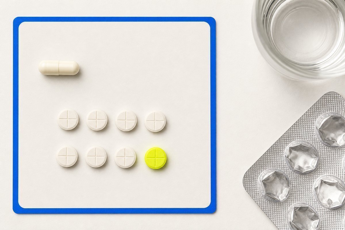 Bone review card, cobalt edge, lime chip: one oral dose, remaining tablets counted