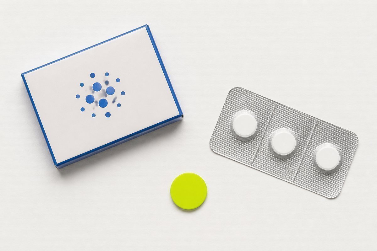 Bone review card, cobalt edge, lime chip: livestock paste boxed away from 3 mg tablets