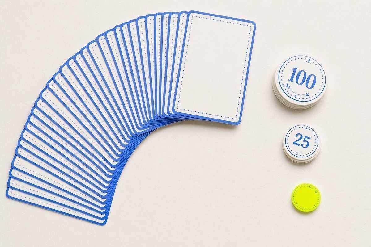 Bone review card, cobalt edge, lime chip: large 100, small 25 set aside