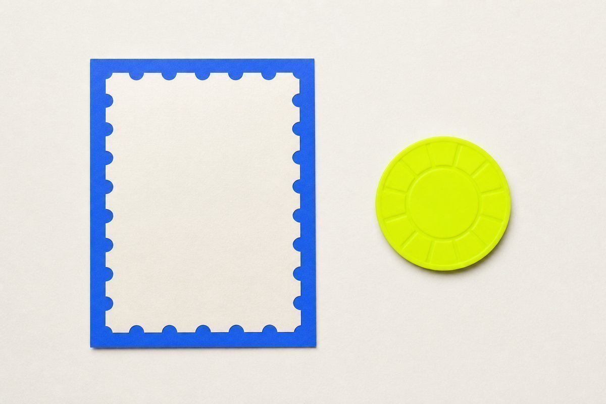 Bone review card, cobalt edge, lime chip: stamp silhouette, no plant invented
