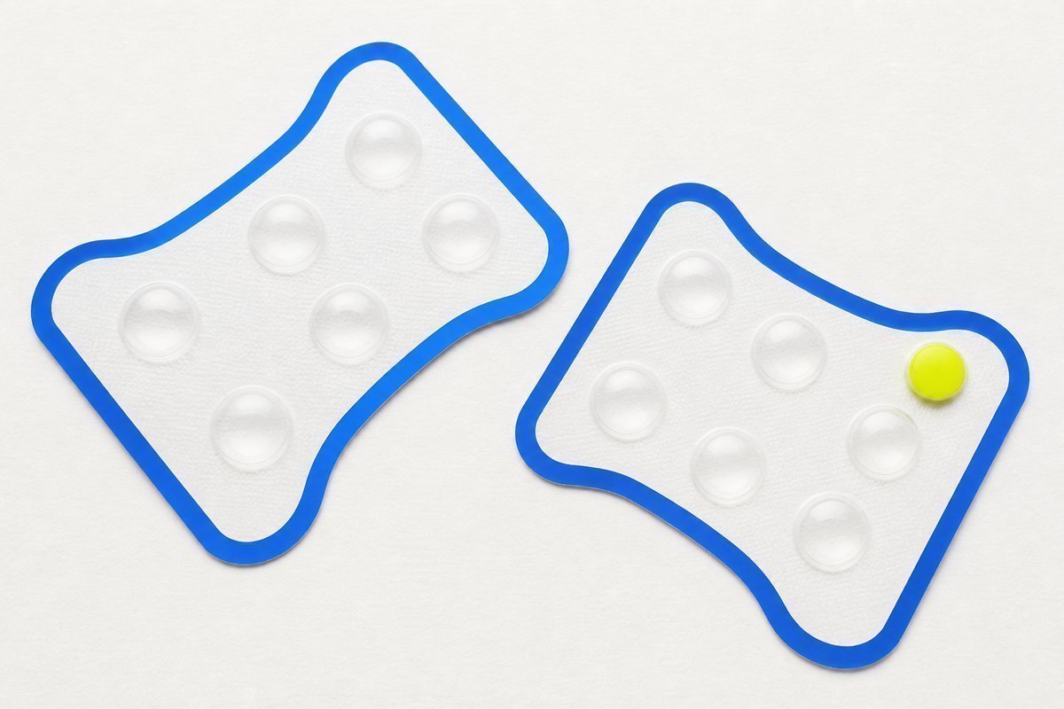 Bone review card, cobalt edge, lime chip: two PDE5 shapes not stacked