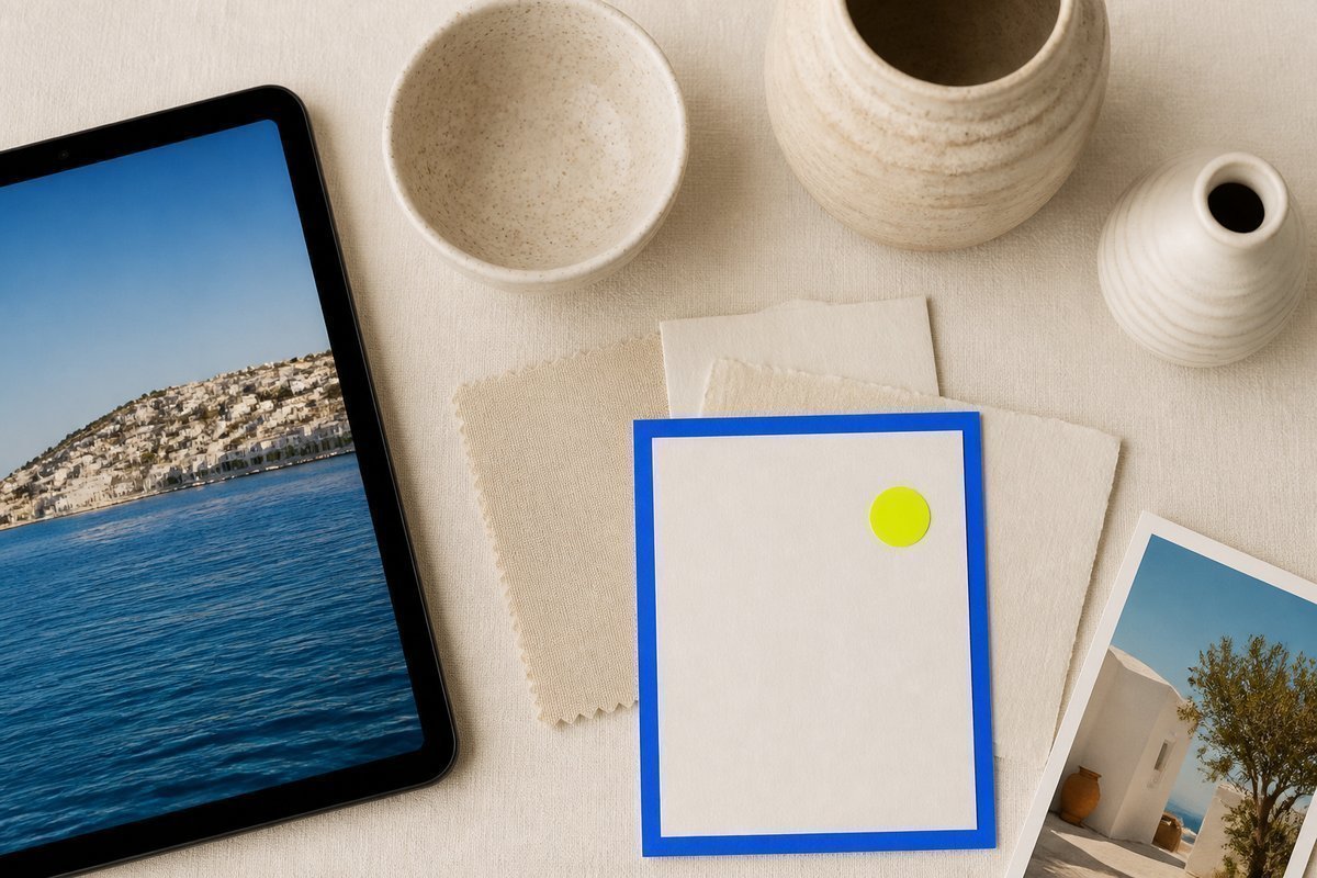 Bone review card, cobalt edge, lime chip: warm ceramic, export tablet