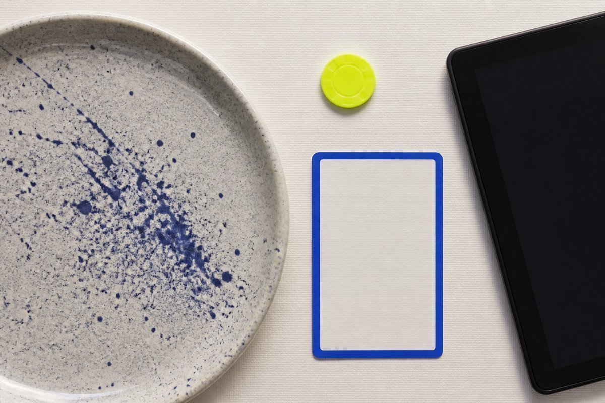 Bone review card, cobalt edge, lime chip: heavy plate, delayed export tablet