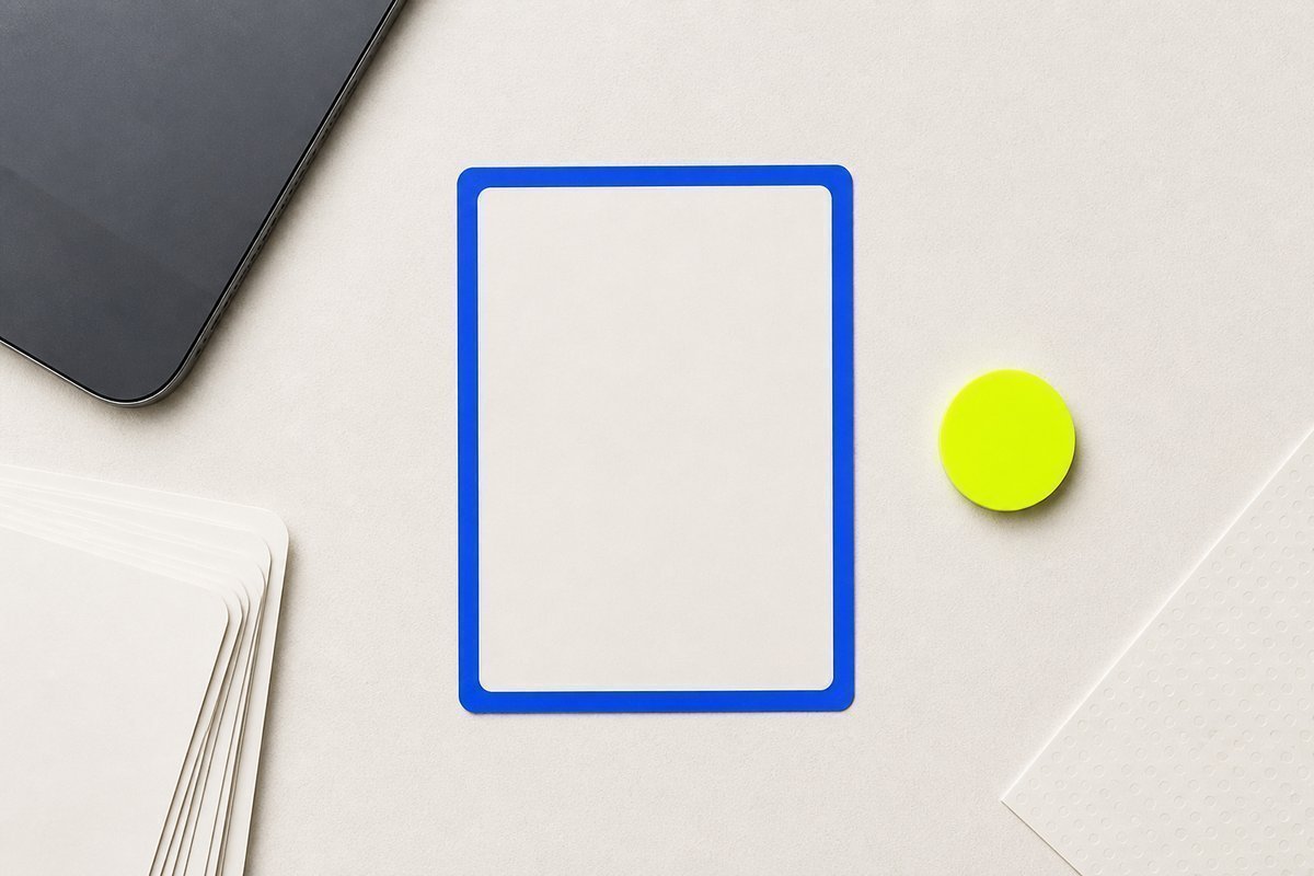 Bone review card, cobalt edge, lime chip: hour window, export tablet