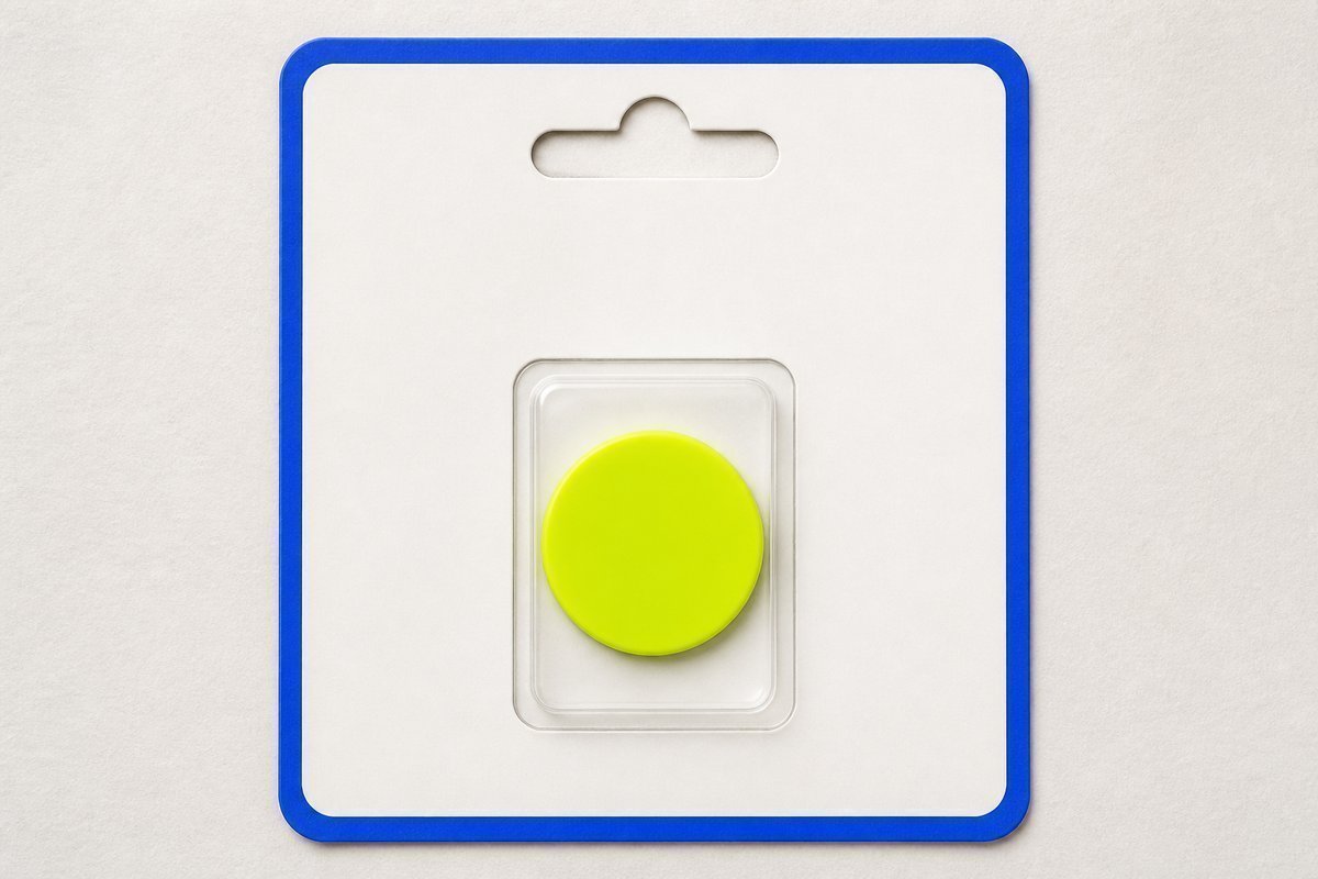 Bone review card, cobalt edge, lime chip: one slot on an export blister