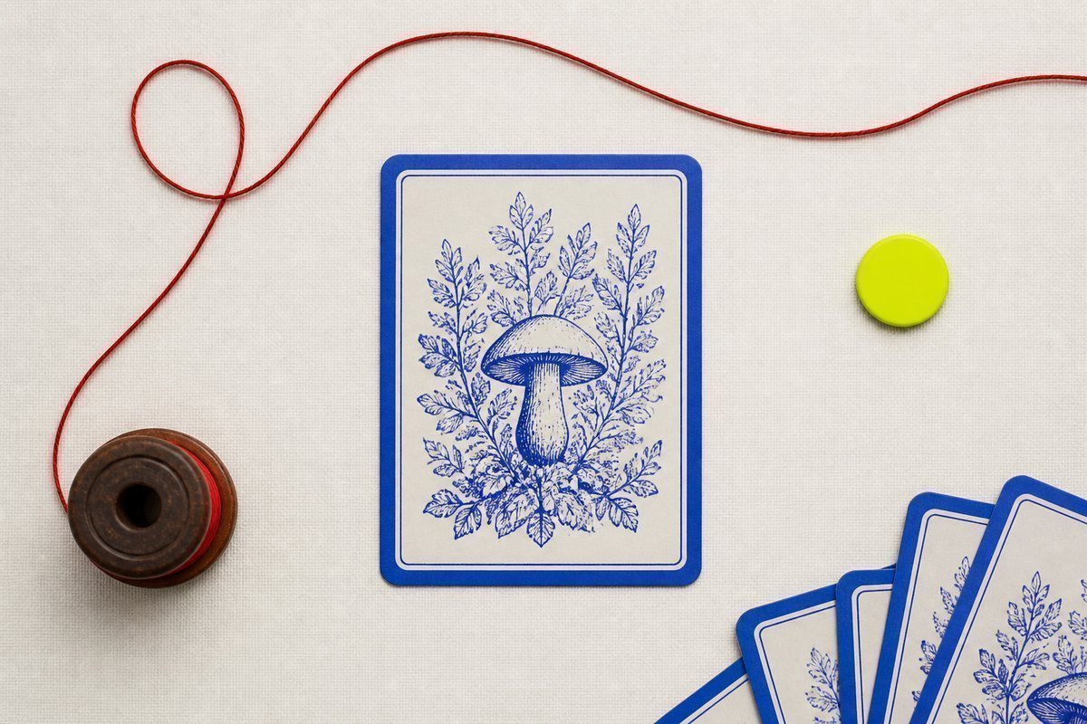 Bone review card, cobalt edge, lime chip: red four-hour thread