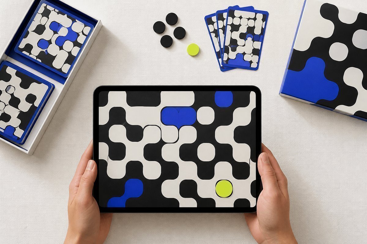 Bone review card, cobalt edge, lime chip: repeat gap, large tablet held