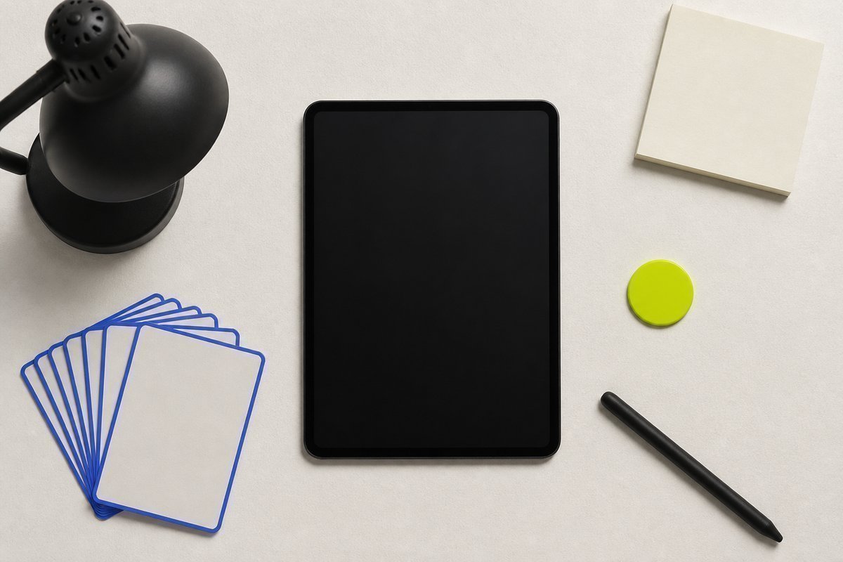 Bone review card, cobalt edge, lime chip: unlit lamp, export tablet