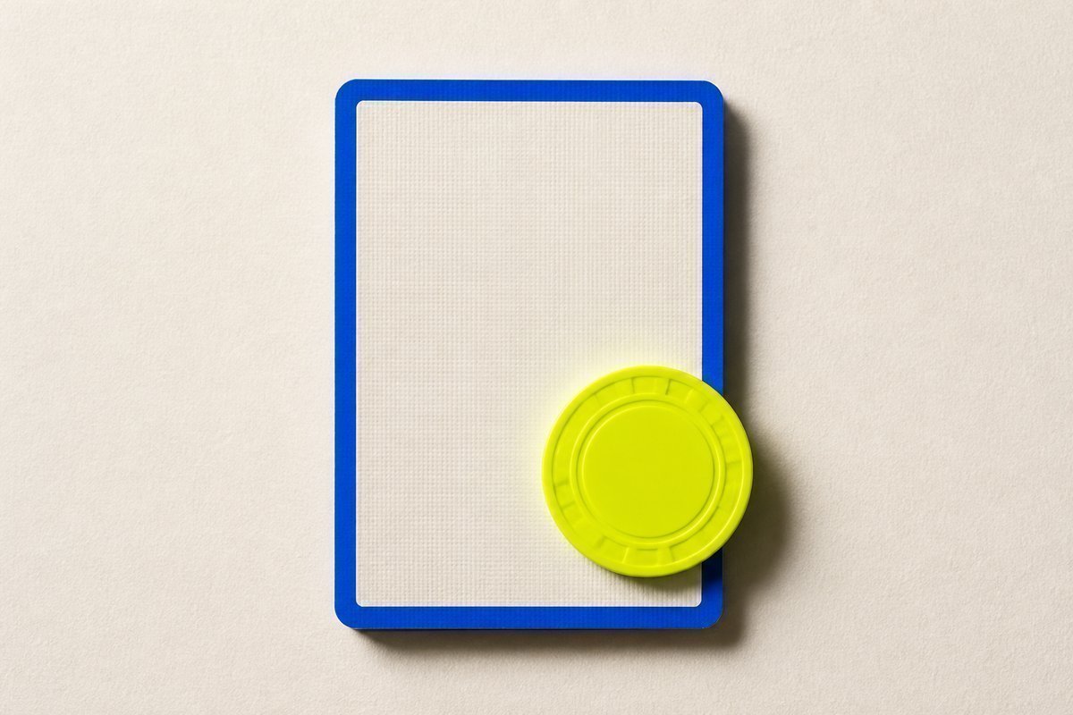 Bone review card, cobalt edge, lime chip: plain US generic, export in shadow
