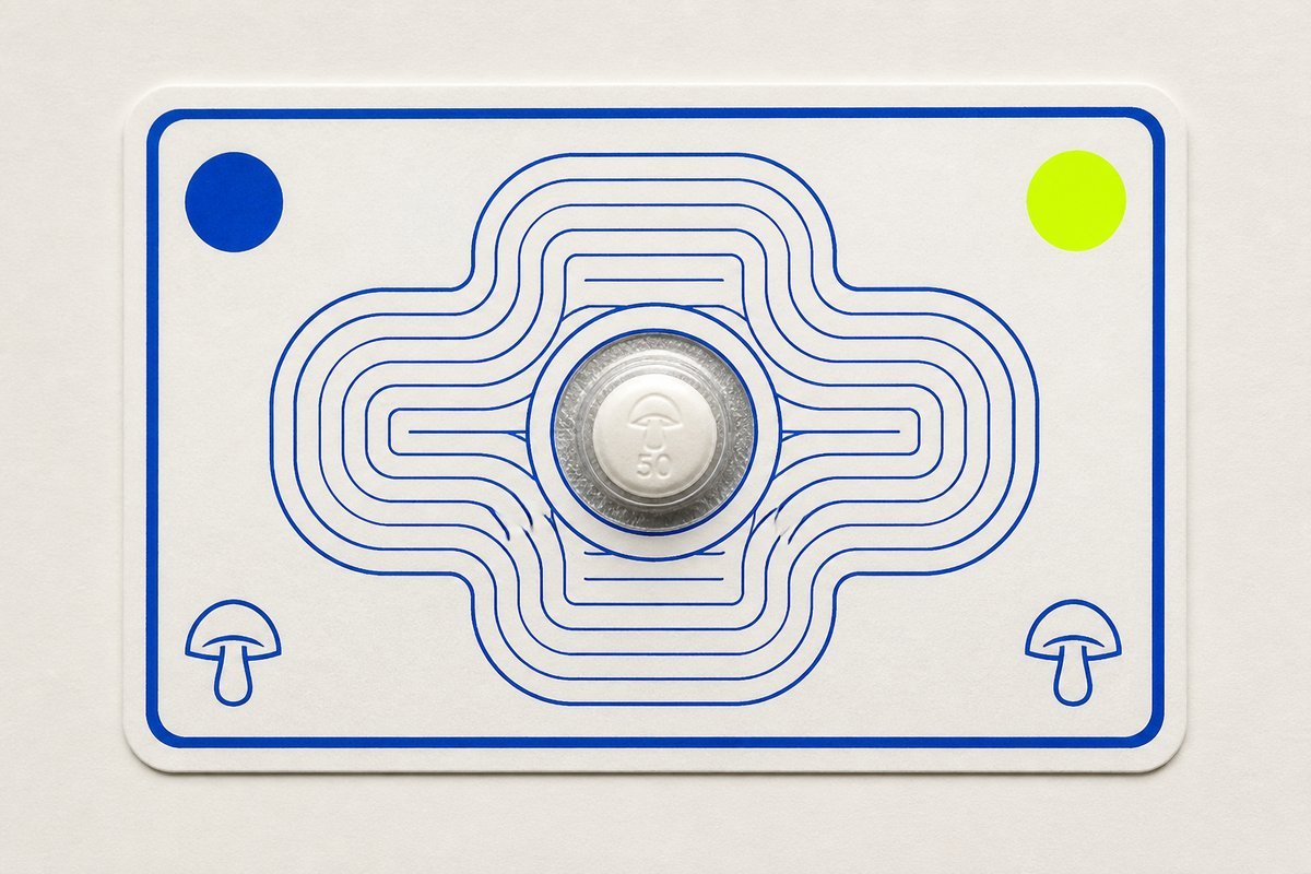 Bone review card, cobalt edge, lime chip: one 50 mcg tablet on a lock card