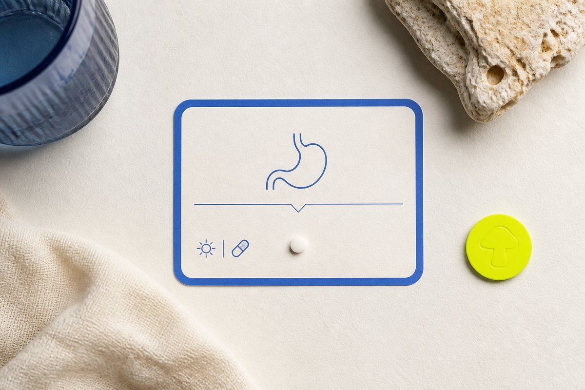 Bone review card, cobalt edge, lime chip: tiny 50 mcg tablet on an empty-stomach card