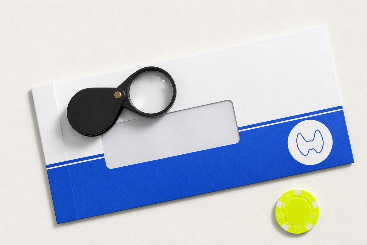 Bone review card, cobalt edge, lime chip: loupe on a levothyroxine mailer