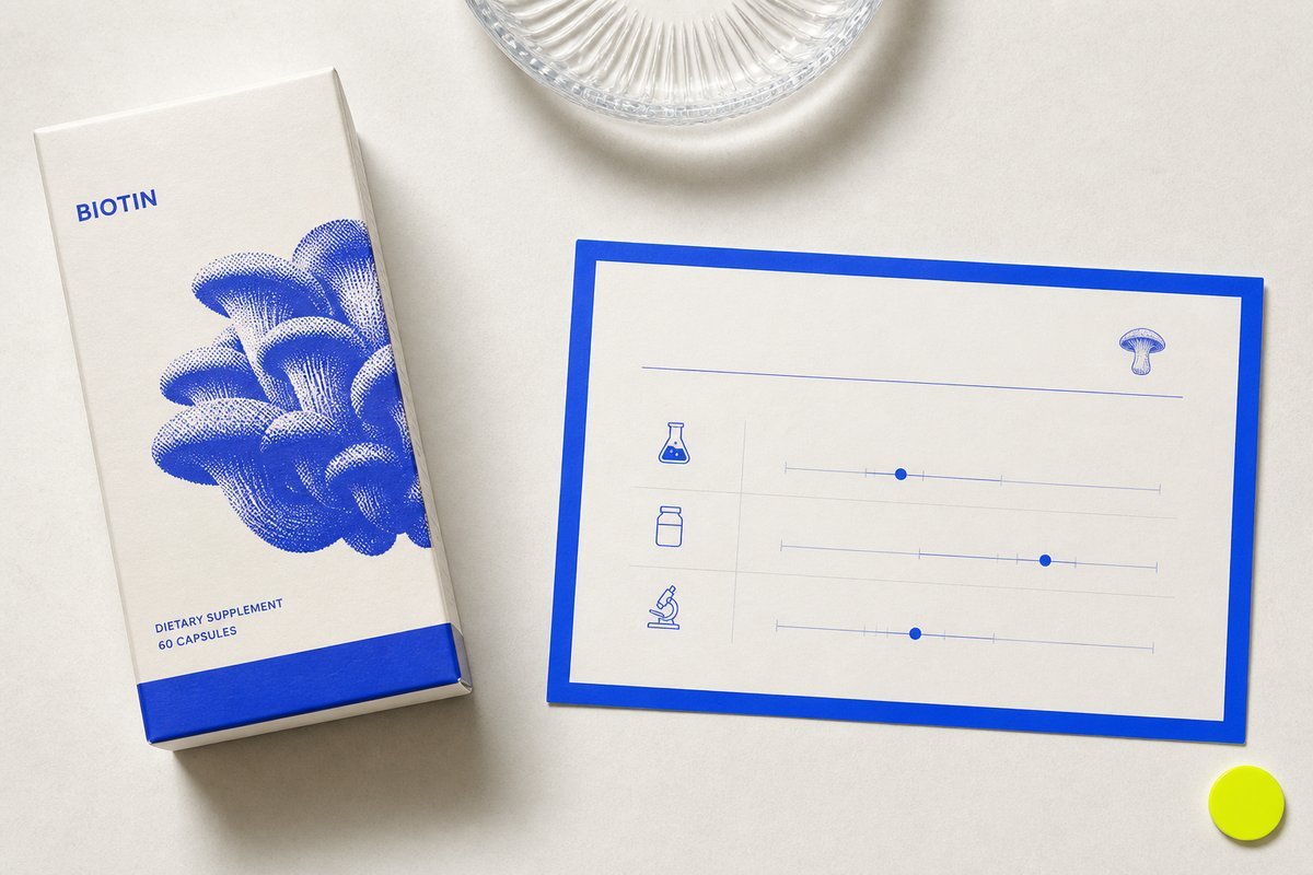 Bone review card, cobalt edge, lime chip: biotin bottle boxed away from the lab slip