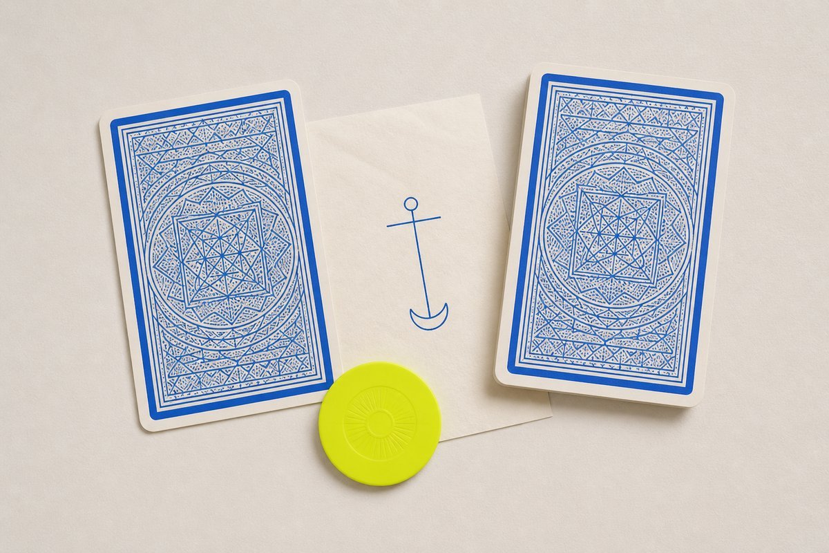 Bone review card, cobalt edge, lime chip: two maker marks, TSH slip between